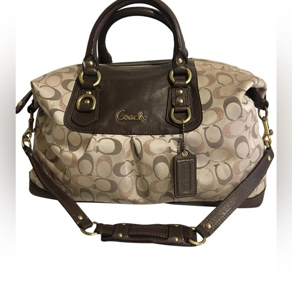 Coach Beige and Brown Leather Satchel with Gold Hardware - Picture 1 of 11
